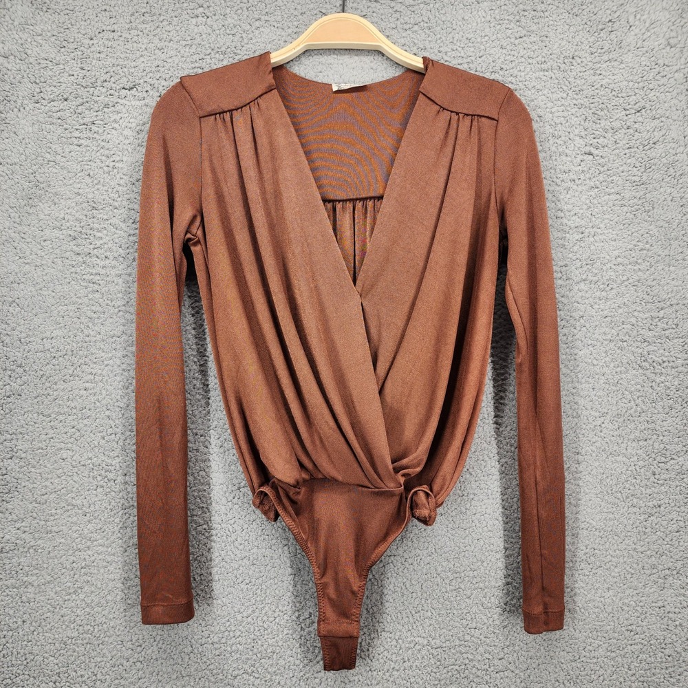 Intimately Free People Brown Long Sleeve Plunging‎ Neckline Ruched Bodysuit XS